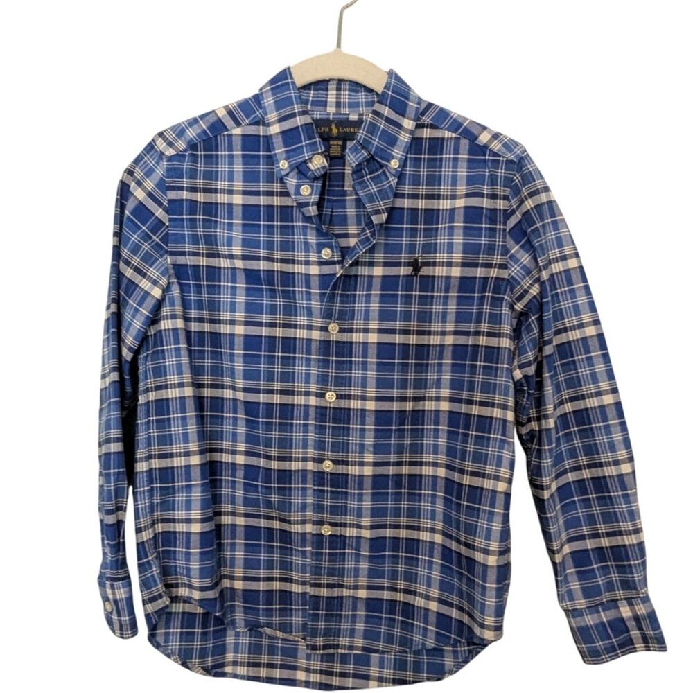 Ralph Lauren Boys Shirt Sz M 10-12. Blue/Cream Tartan Plaid, 100% Cotton